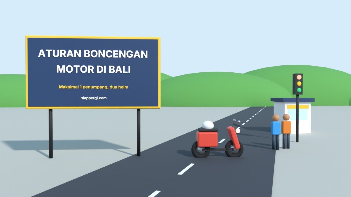 Render 3D papan Aturan Boncengan Motor di Bali dengan dua orang dan pos polisi — SiapPergi