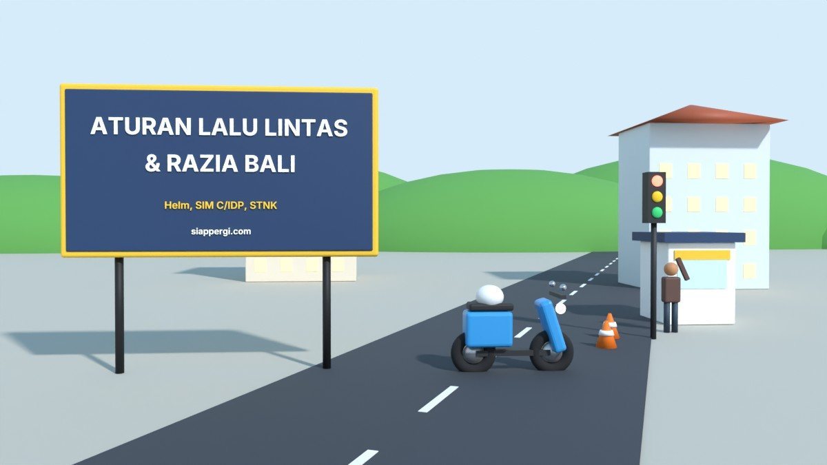 Render 3D papan Aturan Lalu Lintas & Razia Bali dengan pos polisi, lampu lalu lintas dan skuter — SiapPergi