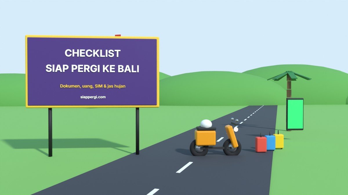 Render 3D papan Checklist Siap Pergi ke Bali dengan tiga koper dan pesawat — SiapPergi