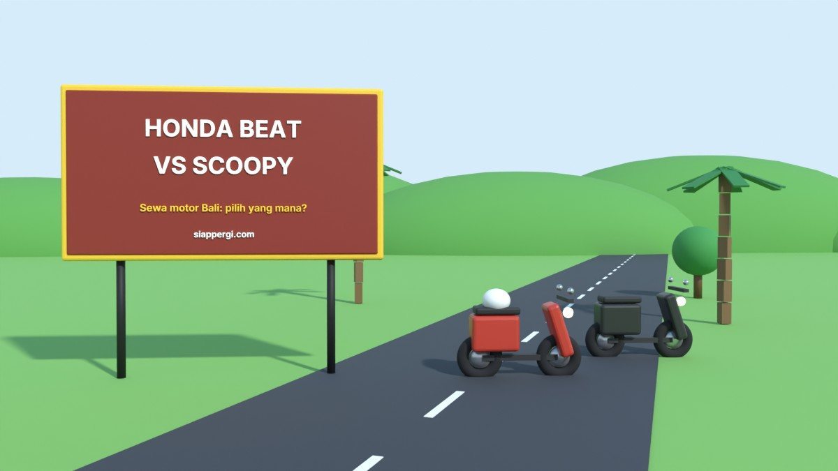 Render 3D papan Honda BeAT vs Scoopy dengan skuter merah dan hitam berdampingan — SiapPergi