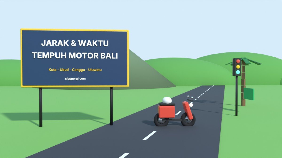 Render 3D papan Jarak & Waktu Tempuh Motor Bali dengan rambu dan gunung — SiapPergi