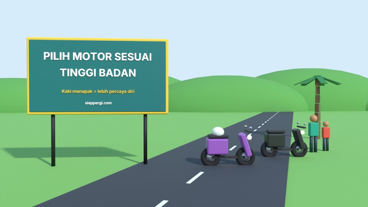 Render 3D papan Pilih Motor Sesuai Tinggi Badan dengan dua skuter dan dua orang — SiapPergi