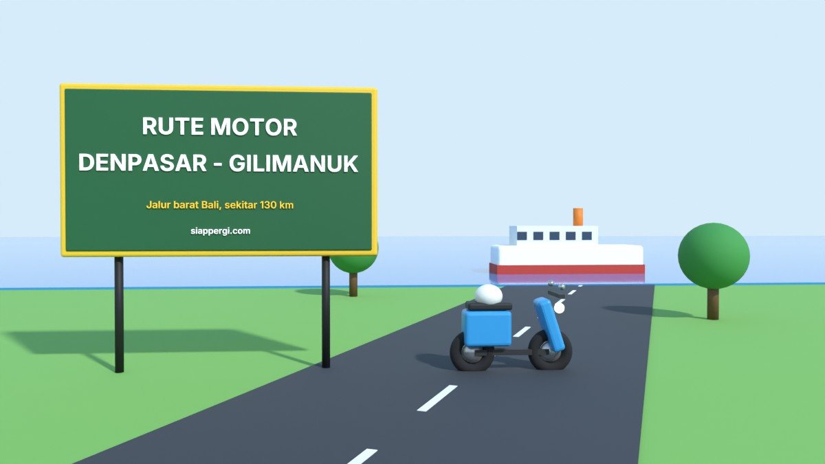 Render 3D papan Rute Motor Denpasar - Gilimanuk dengan kapal di Selat Bali — SiapPergi