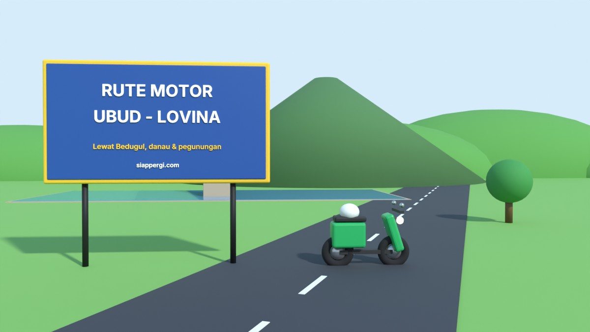 Render 3D papan Rute Motor Ubud - Lovina dengan pura di tepi danau — SiapPergi