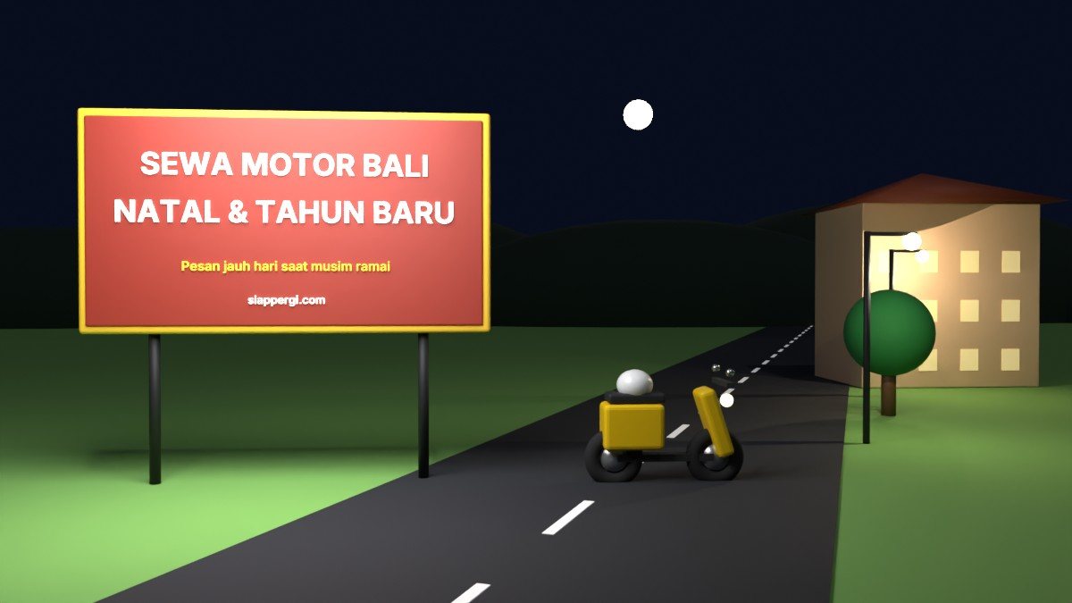 Render 3D papan Sewa Motor Bali Natal & Tahun Baru di jalan malam berlampu — SiapPergi