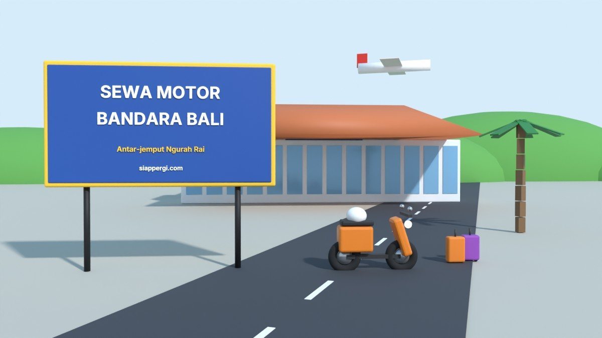 Render 3D papan Sewa Motor Bandara Bali di depan terminal dengan koper dan pesawat — SiapPergi