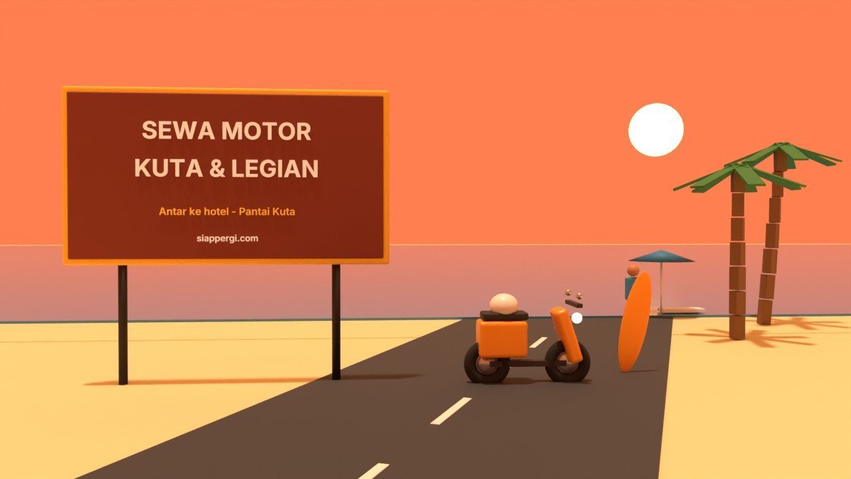 Render 3D papan Sewa Motor Kuta & Legian di pantai saat matahari terbenam dengan skuter oranye — SiapPergi