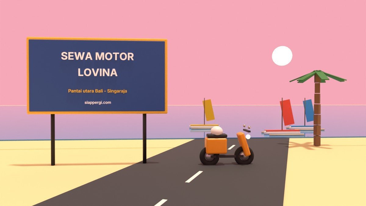 Render 3D papan Sewa Motor Lovina dengan perahu jukung di pantai utara Bali saat fajar — SiapPergi