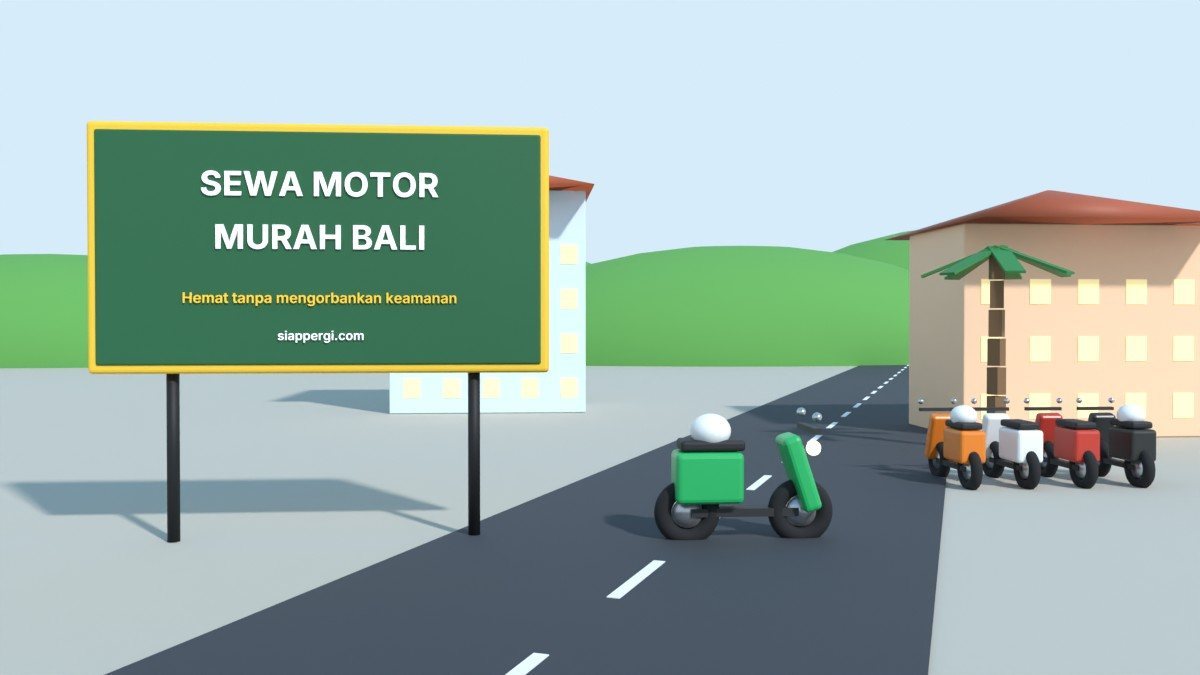 Render 3D papan Sewa Motor Murah Bali dengan deretan skuter di jalan kota — SiapPergi