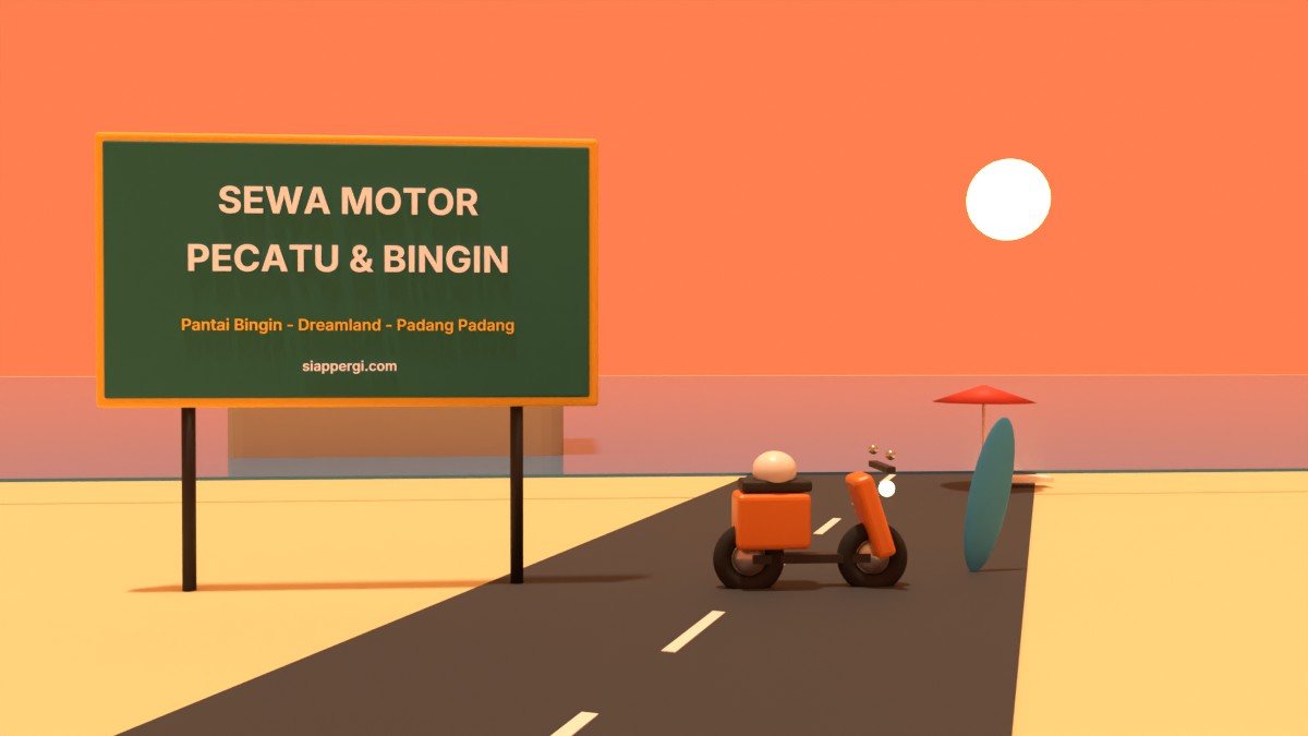 Render 3D papan Sewa Motor Pecatu & Bingin dengan tebing dan pantai — SiapPergi