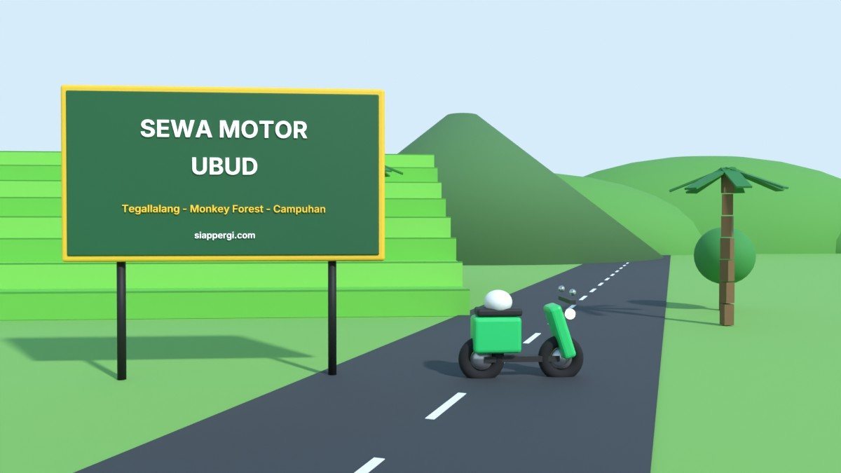 Render 3D papan Sewa Motor Ubud di depan sawah terasering Tegallalang dengan skuter hijau — SiapPergi