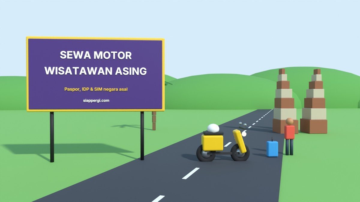Render 3D papan Sewa Motor Wisatawan Asing dengan turis, koper dan skuter kuning — SiapPergi