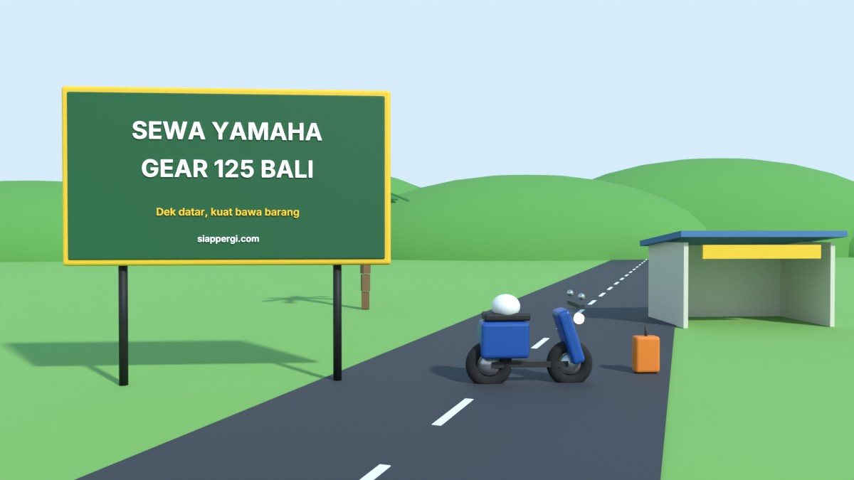 Render 3D papan Sewa Yamaha Gear 125 Bali dengan skuter biru dan barang bawaan — SiapPergi