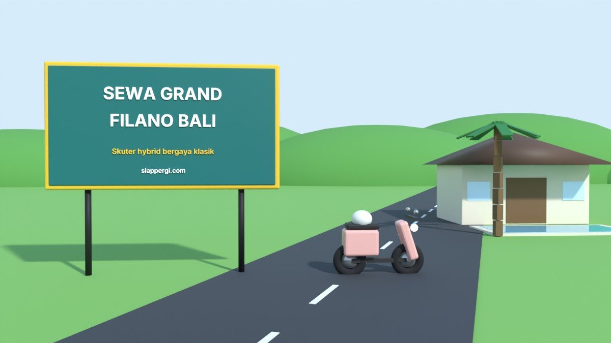 Render 3D papan Sewa Grand Filano Bali dengan skuter merah muda di depan villa — SiapPergi