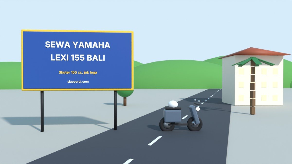 Render 3D papan Sewa Yamaha Lexi 155 Bali dengan skuter abu-abu — SiapPergi