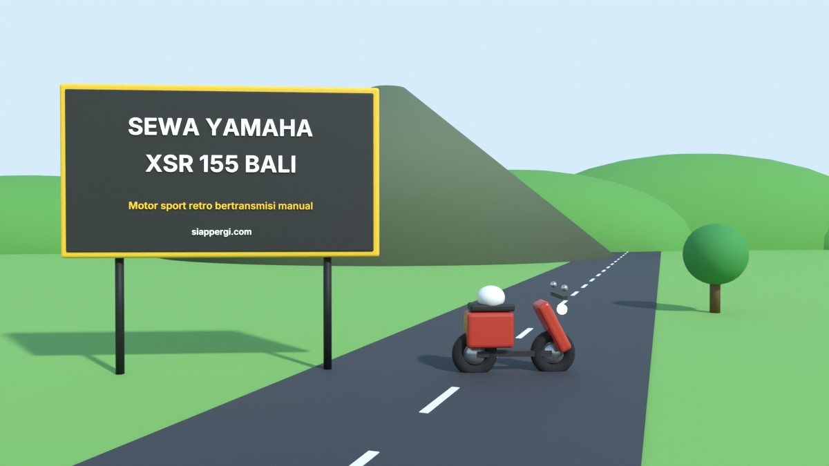 Render 3D papan Sewa Yamaha XSR 155 Bali dengan motor merah dan gunung — SiapPergi