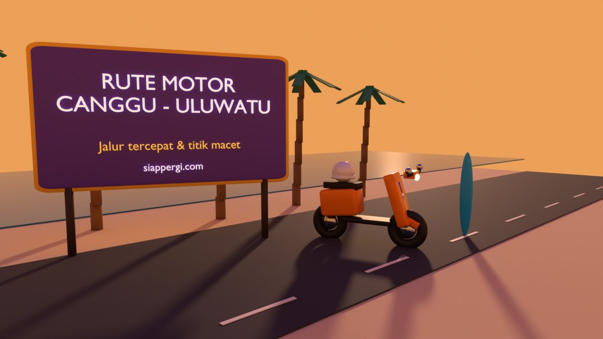 Render 3D papan Rute Motor Canggu - Uluwatu saat senja dengan skuter oranye dan papan selancar — SiapPergi