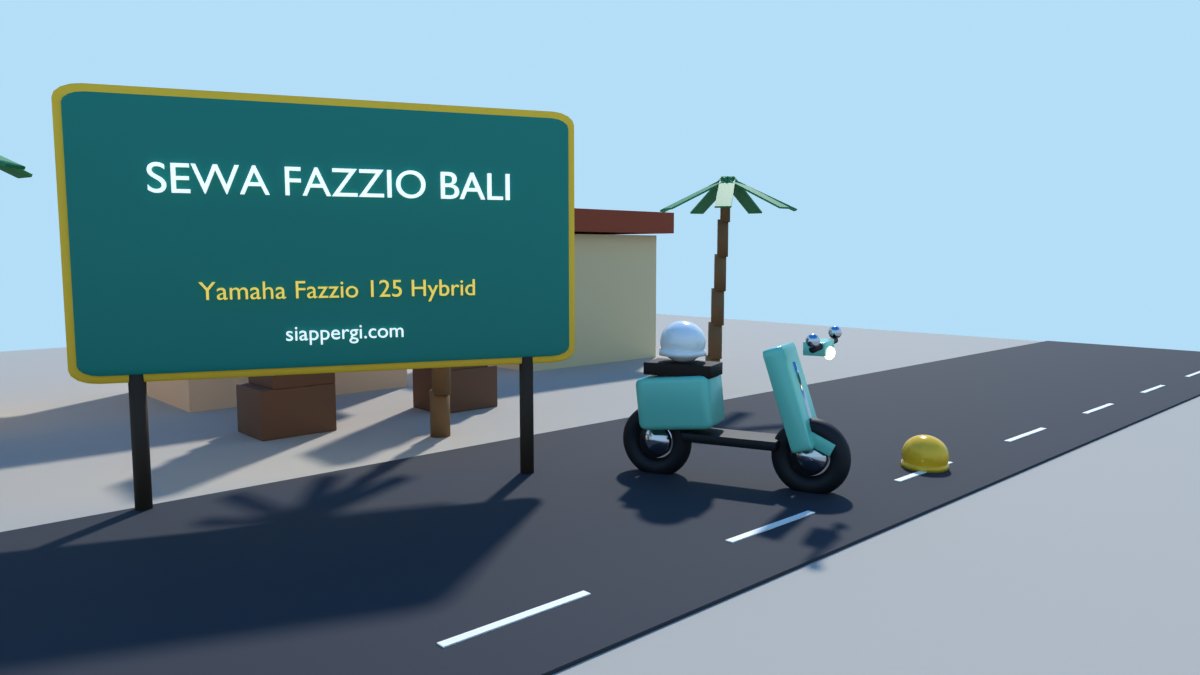 Render 3D papan Sewa Fazzio Bali dengan skuter retro hijau mint dan helm — SiapPergi