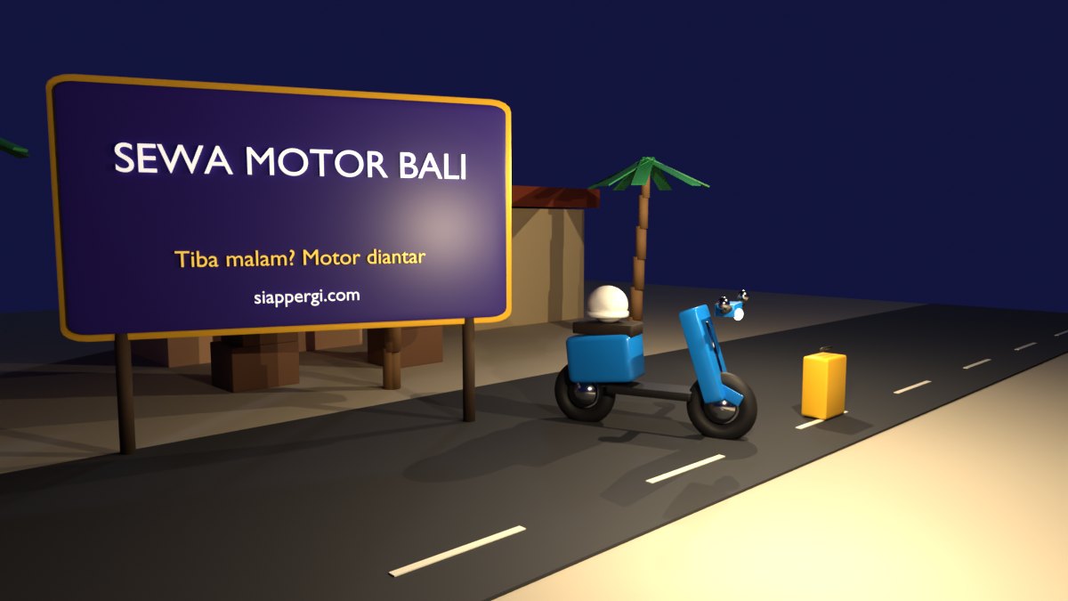 Render 3D papan Sewa Motor Bali malam hari dengan skuter biru dan koper — SiapPergi