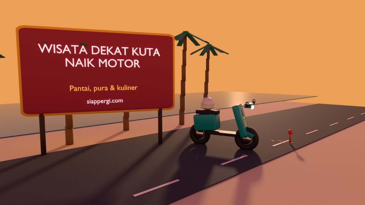 Render 3D papan Wisata Dekat Kuta Naik Motor di pantai saat senja — SiapPergi