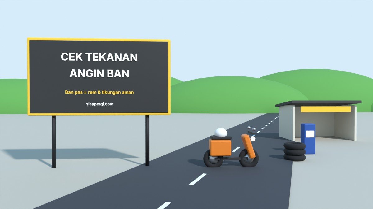 Render 3D papan Cek Tekanan Angin Ban dengan tumpukan ban dan pompa — SiapPergi
