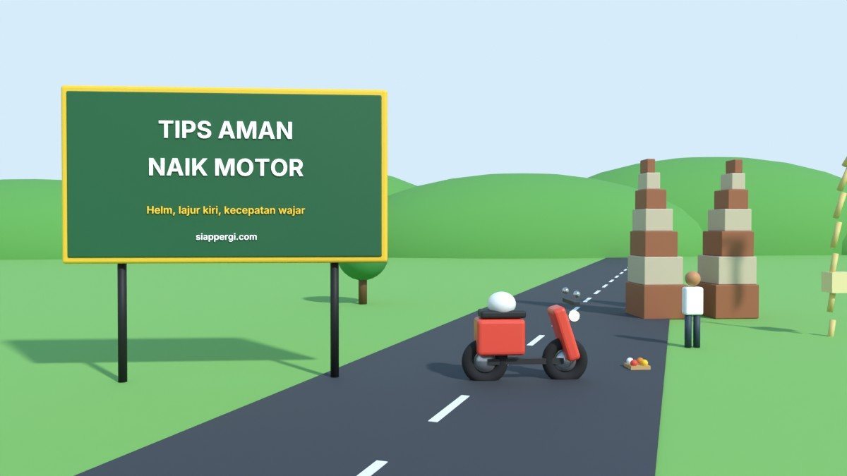 Render 3D papan Tips Aman Naik Motor dengan gerbang pura dan sesajen — SiapPergi