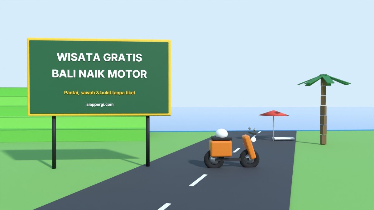 Render 3D papan Wisata Gratis Bali Naik Motor dengan pantai dan sawah — SiapPergi