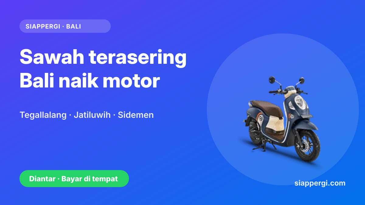 Kartu SiapPergi: Sawah terasering Bali naik motor — Tegallalang, Jatiluwih, Sidemen — Honda Scoopy