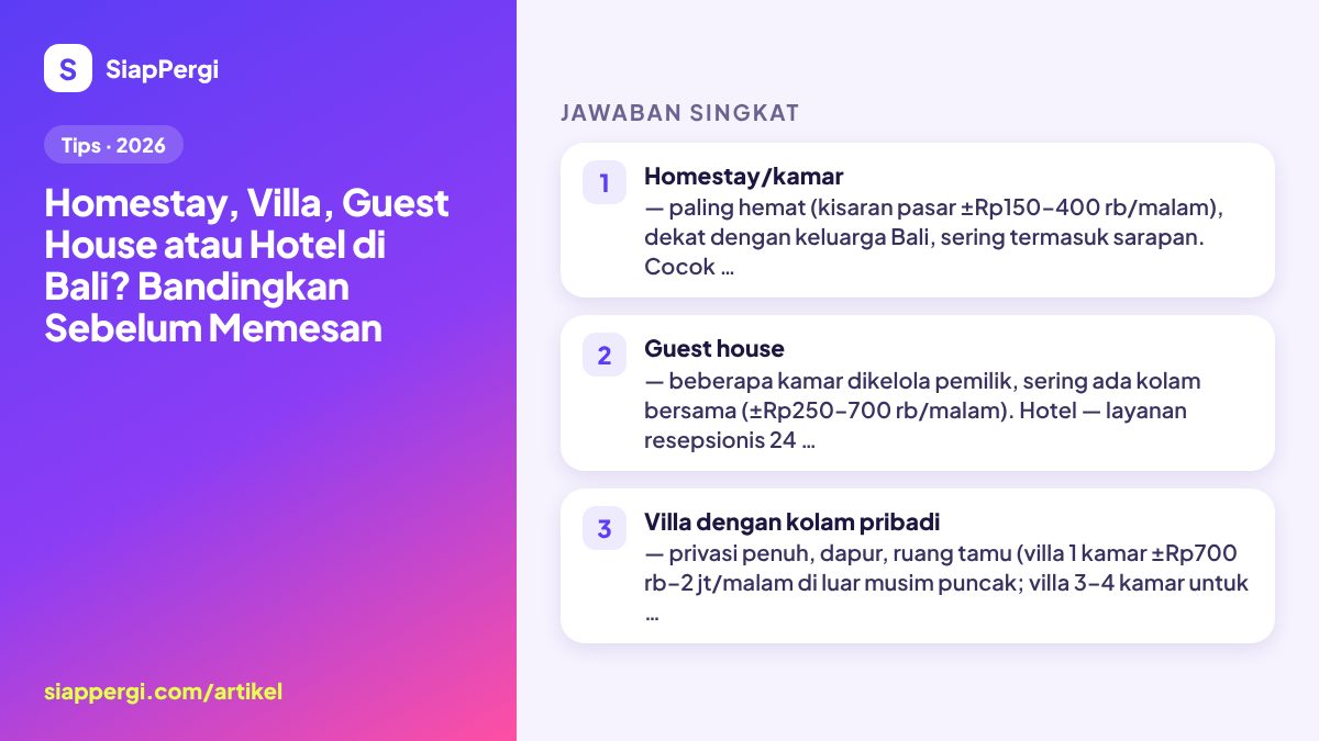 Homestay, Villa, Guest House or Hotel in Bali? Compare Before Booking