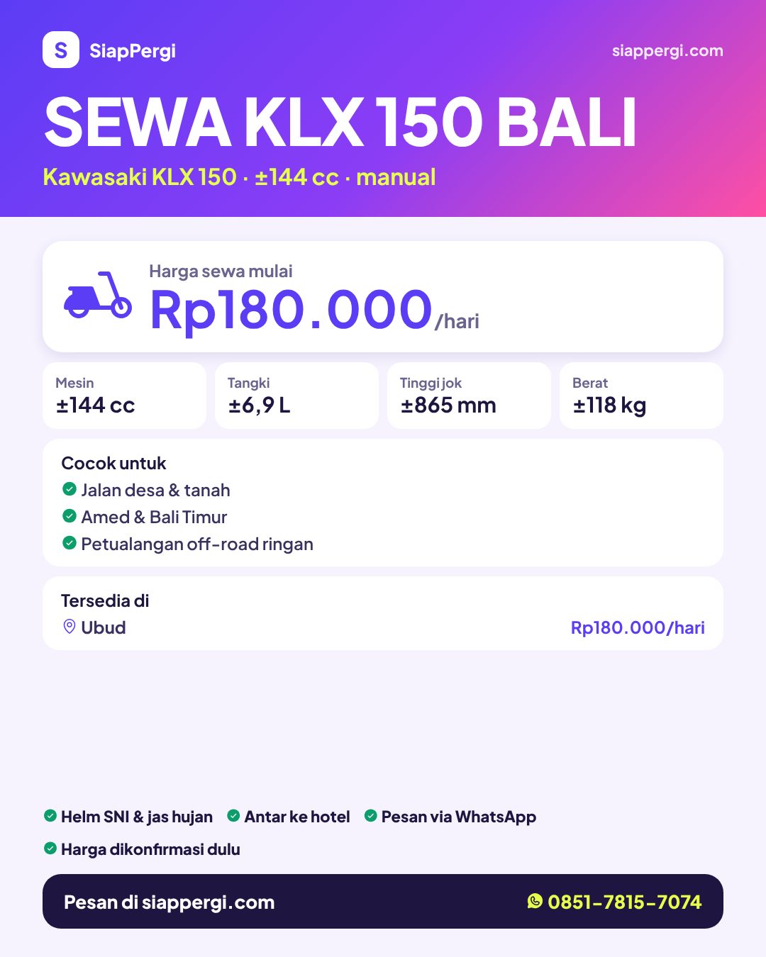 Sewa Kawasaki KLX 150 Bali — harga per hari & area tersedia — SiapPergi