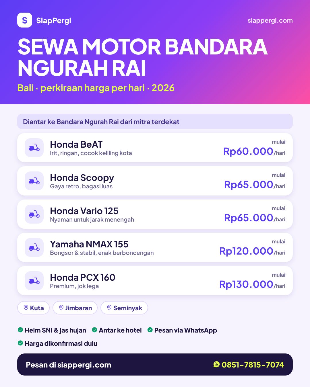 Harga sewa motor Bandara Ngurah Rai Bali per hari — rental motor Bandara Ngurah Rai antar ke hotel — SiapPergi Harga sewa motor Bandara Ngurah Rai Bali per hari — rental motor Bandara Ngurah Rai antar ke hotel — SiapPergi
