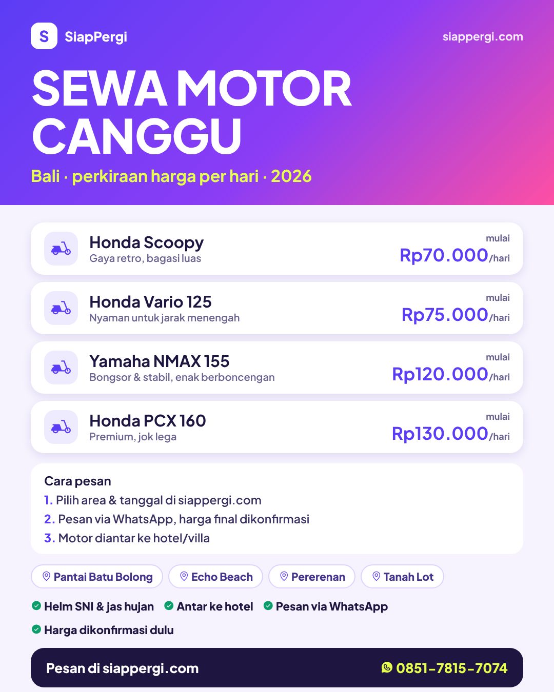 Harga sewa motor Canggu Bali per hari — rental motor Canggu antar ke hotel — SiapPergi Harga sewa motor Canggu Bali per hari — rental motor Canggu antar ke hotel — SiapPergi