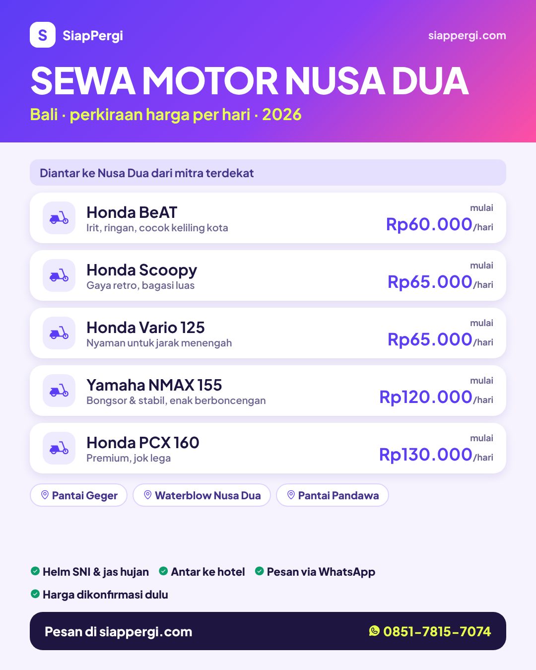 Harga sewa motor Nusa Dua Bali per hari — rental motor Nusa Dua antar ke hotel — SiapPergi