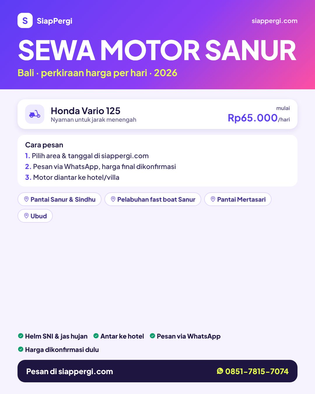 Harga sewa motor Sanur Bali per hari — rental motor Sanur antar ke hotel — SiapPergi
