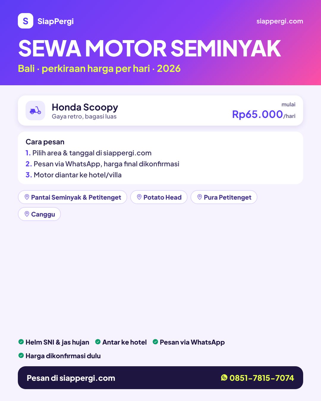Harga sewa motor Seminyak Bali per hari — rental motor Seminyak antar ke hotel — SiapPergi Harga sewa motor Seminyak Bali per hari — rental motor Seminyak antar ke hotel — SiapPergi