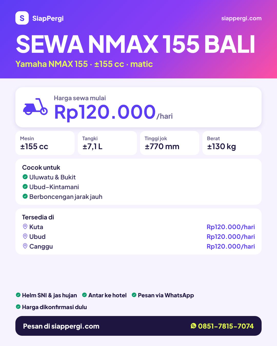 Sewa Yamaha NMAX 155 Bali — harga per hari & area tersedia — SiapPergi Sewa Yamaha NMAX 155 Bali — harga per hari & area tersedia — SiapPergi
