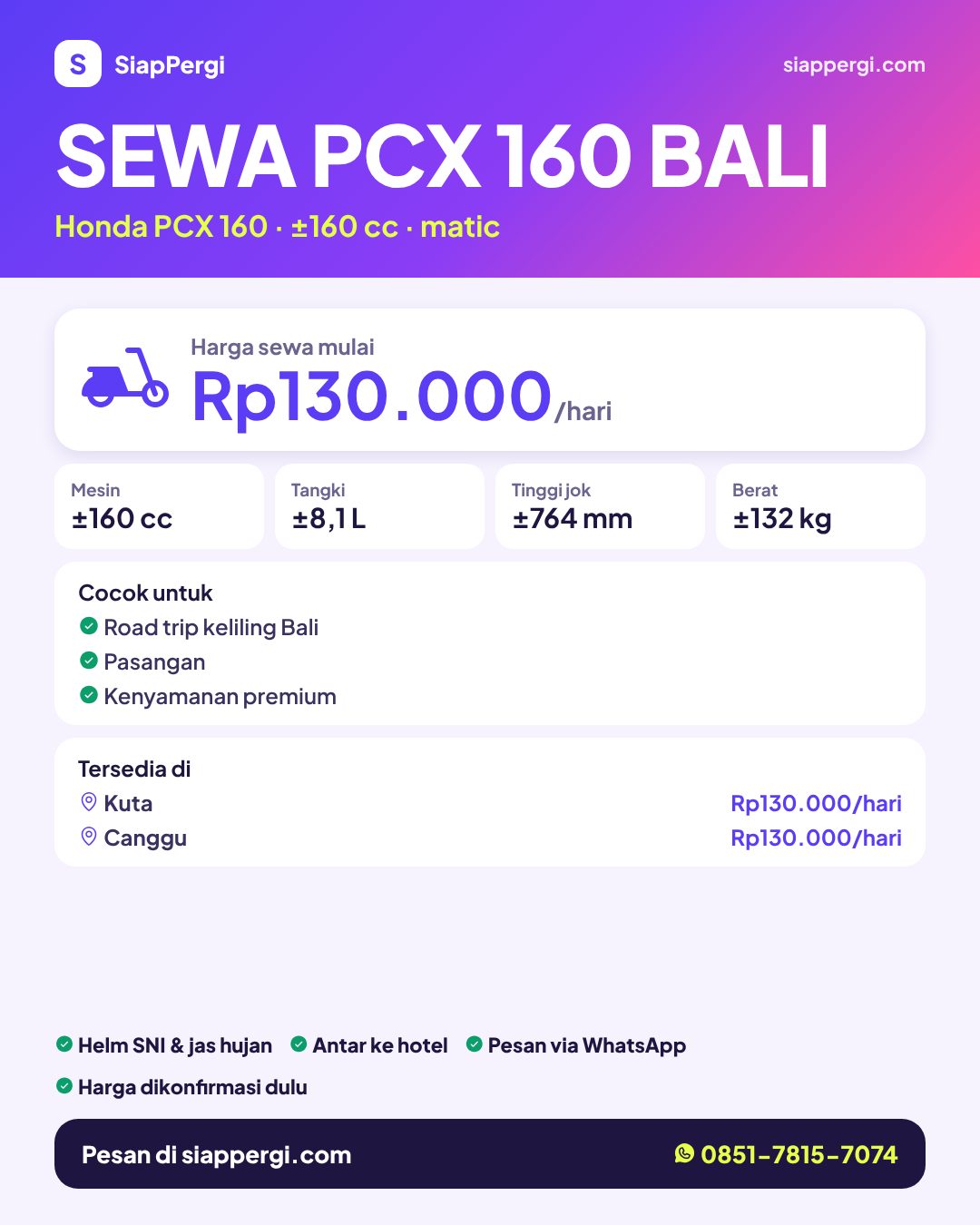 Sewa Honda PCX 160 Bali — harga per hari & area tersedia — SiapPergi Sewa Honda PCX 160 Bali — harga per hari & area tersedia — SiapPergi