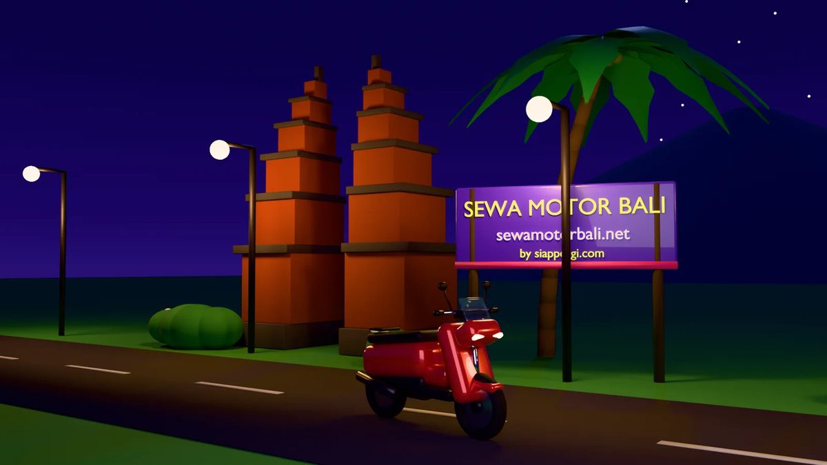 SewaMotorBali.net 3D render: an automatic scooter on a Bali road at night