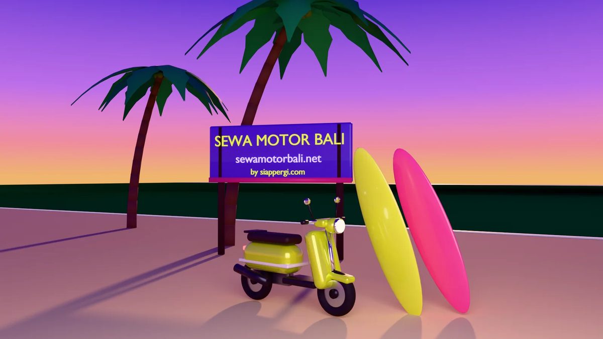 SewaMotorBali.net 3D render: a scooter and surfboard on a Bali beach at dusk