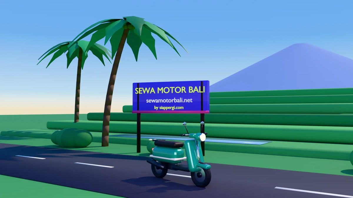 SewaMotorBali.net 3D render: an automatic scooter on a Bali rice-field road